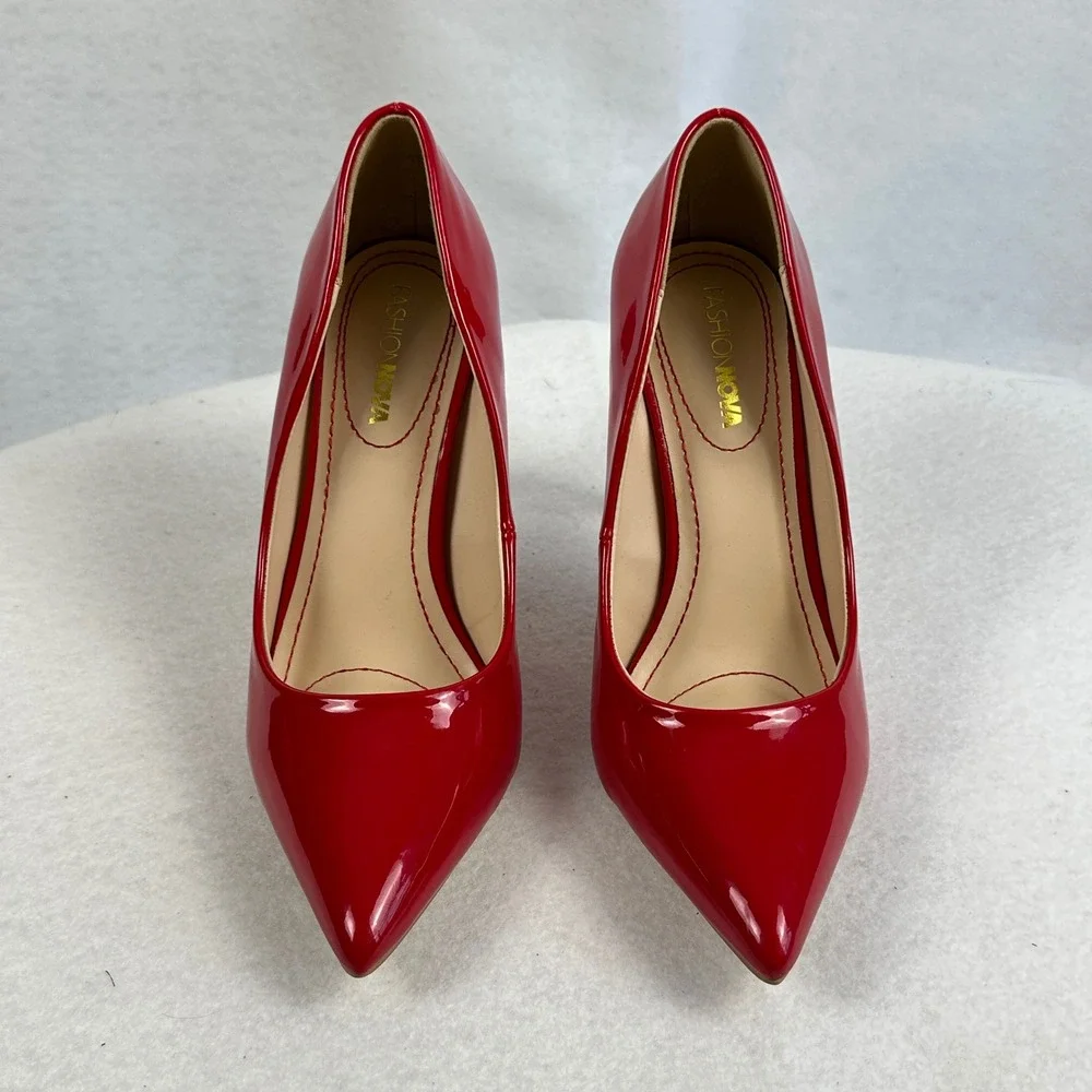 Fashion Nova Red Patent Stiletto‎ Pointed Toe High Heel Pumps Womens 7.5 Glam